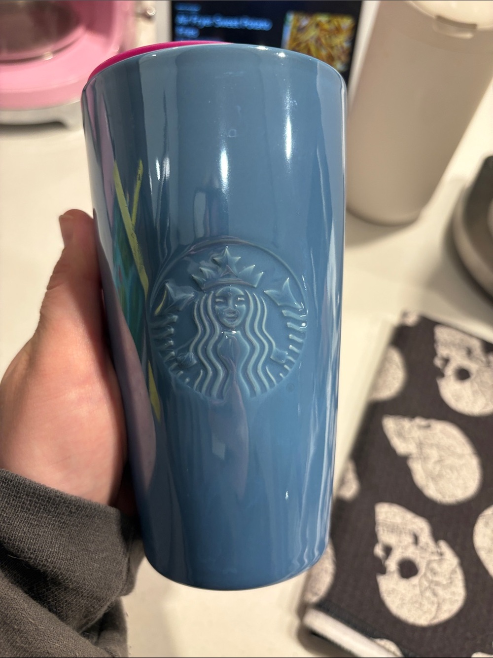 Starbucks Blue Ceramic Mug with Pink Accent